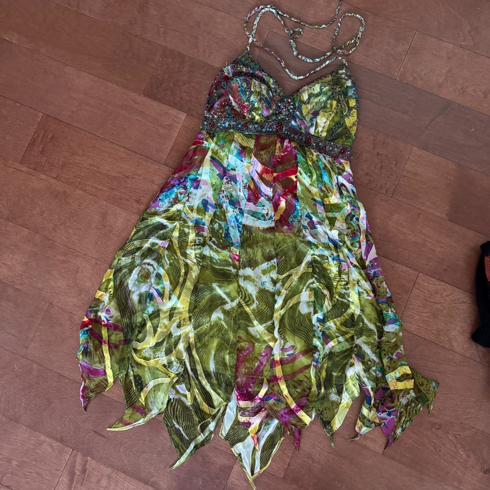 Sue Wong Green Multicolor Halter Midi Dress